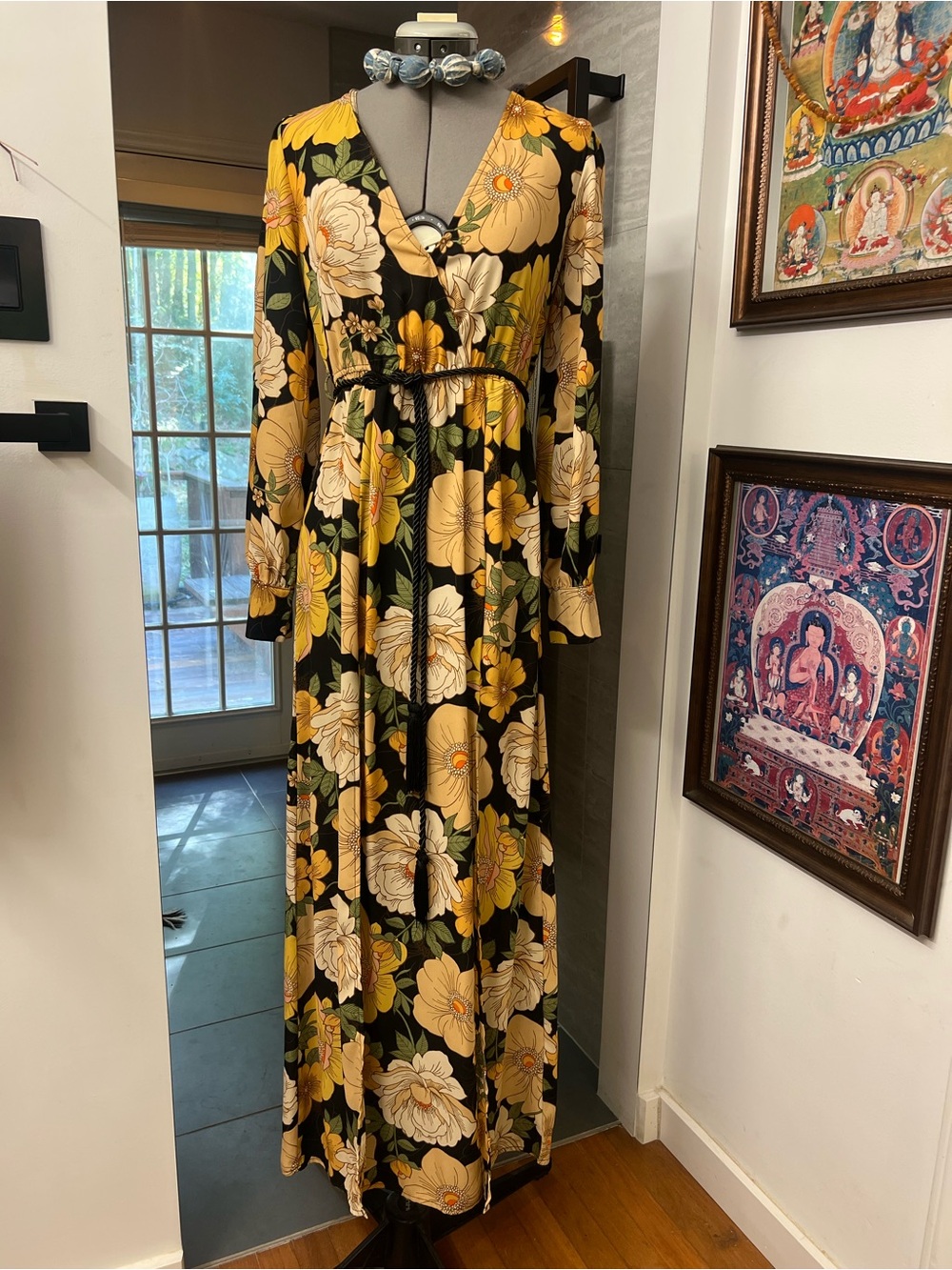 Forever 21 Black Maxi Dress with Yellow and Cream Floral Print